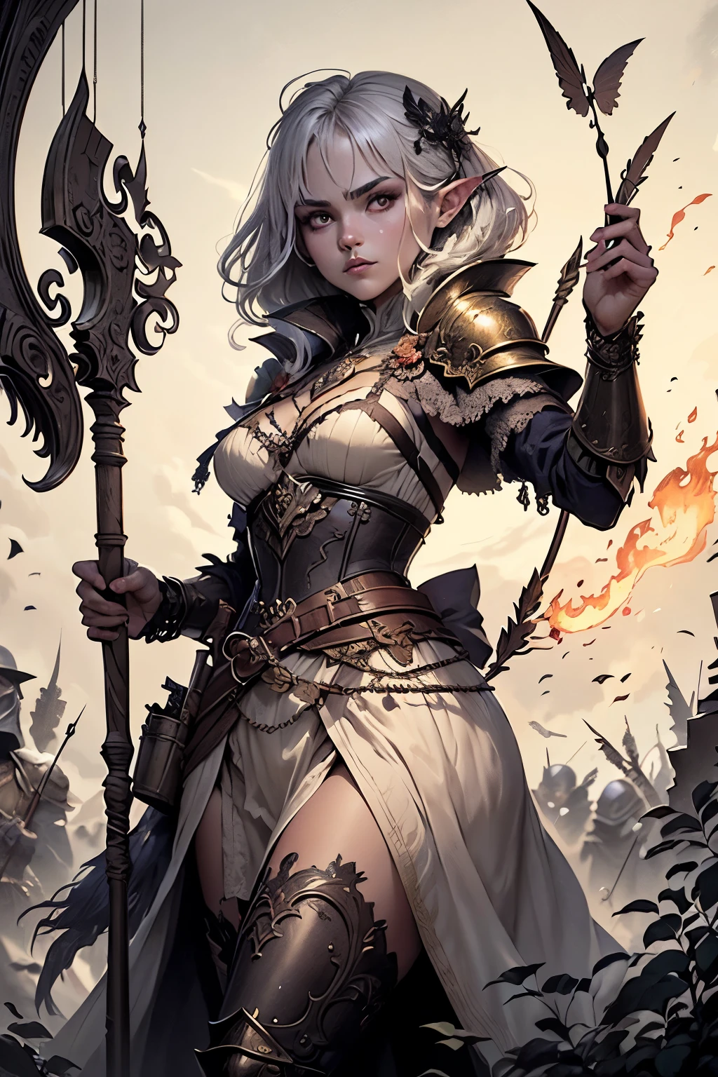 A more evolved drow clan, the Slaters were masters of the elemental bind and may have been the source of Jirago's knowledge. This magic dates back to the time of the giants. In fact, the name Sulatar means “fire-binder” in the language of the giants. And the best warriors in this society use fire-enhanced bows and arrows. Sometimes these items are made powerful by elemental binding, but they also use other kinds of fire magic. Their weapons and armor are often decorated with the art of fire. The most interesting aspect of their weapons and armor is that they are made of mithril, which closely resembles bronze. She holds a bow and hangs an arrow.