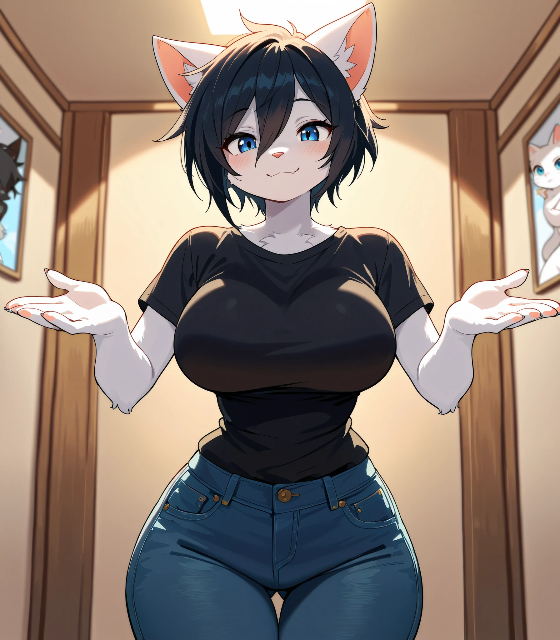 Source_furry, 1girl, furry, anthro, furry, furry art, manga filter, anime, lighting, precise shadows, white cat, female, black hair with long bangs, blue eyes, large breasts, wide hips, narrow waist, black shirt, jeans, smiling, standing close-up, facing viewer, photoshoot room, female pose