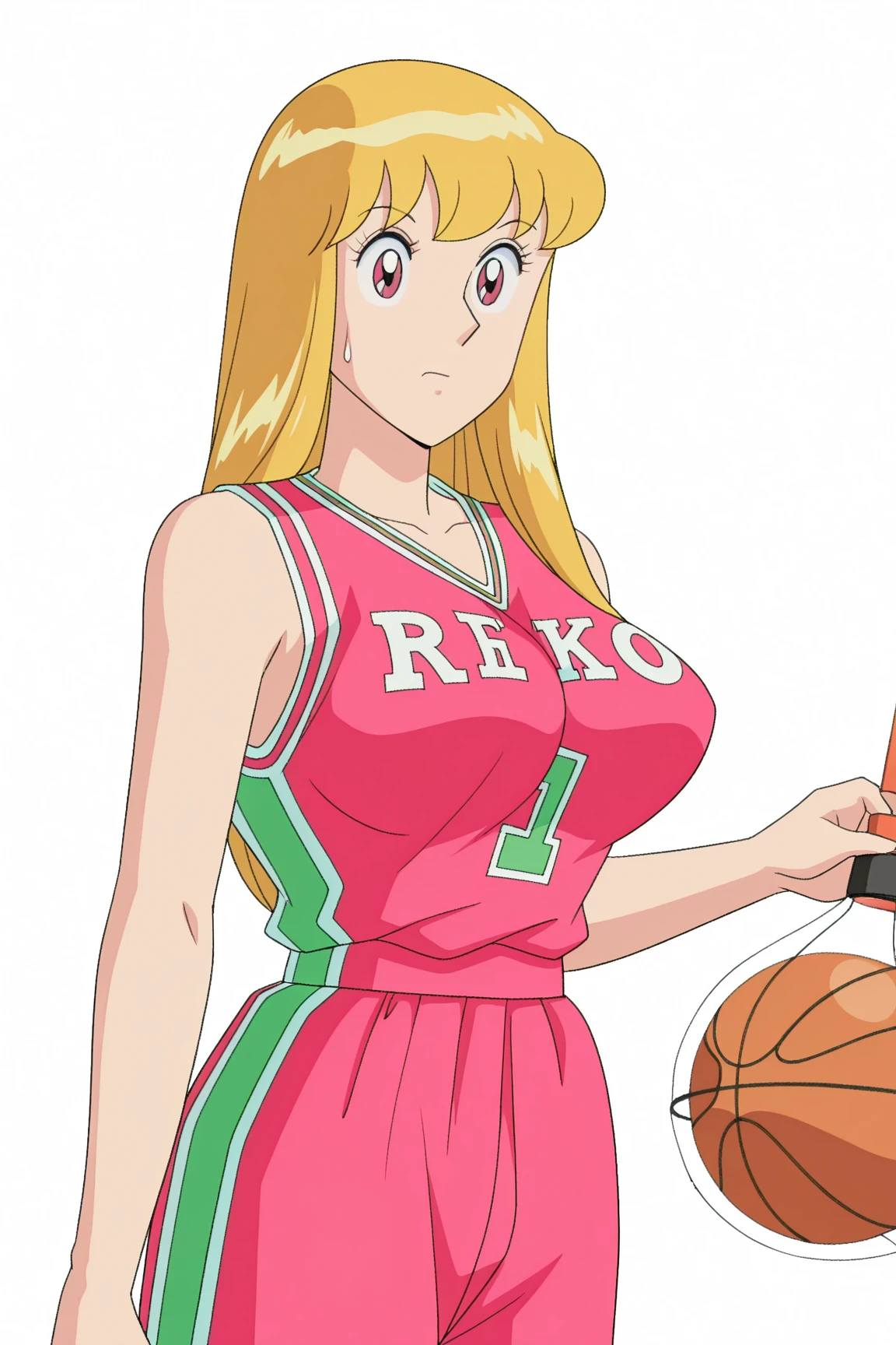 best quality, ultra-detailed, high resolution, 1990s_(style), retro artstyle, 1990s anime cels style, sports bra,stomach,thighs ,short shorts,navel ,fingerless gloves ,collarbone,Blonde、Mature Woman、Married Woman、Big Breasts、