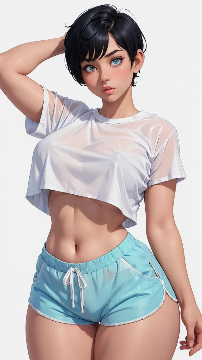 Curvy brunette Latina, lifting up white tank-top to reveal white cotton panties, realistic 3D game model, intricate details