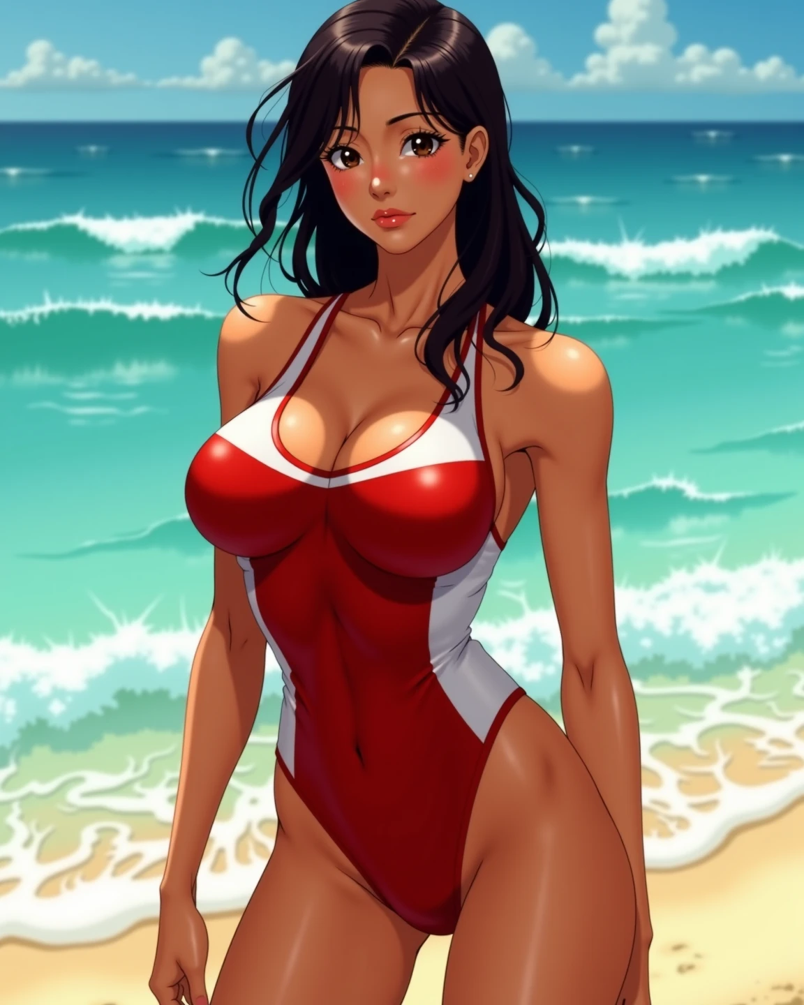 TMNT 2003 Karai, girl, solo, short hair, big breasts, black hair, bob cut, lipstick, wearing red bikini, on beach