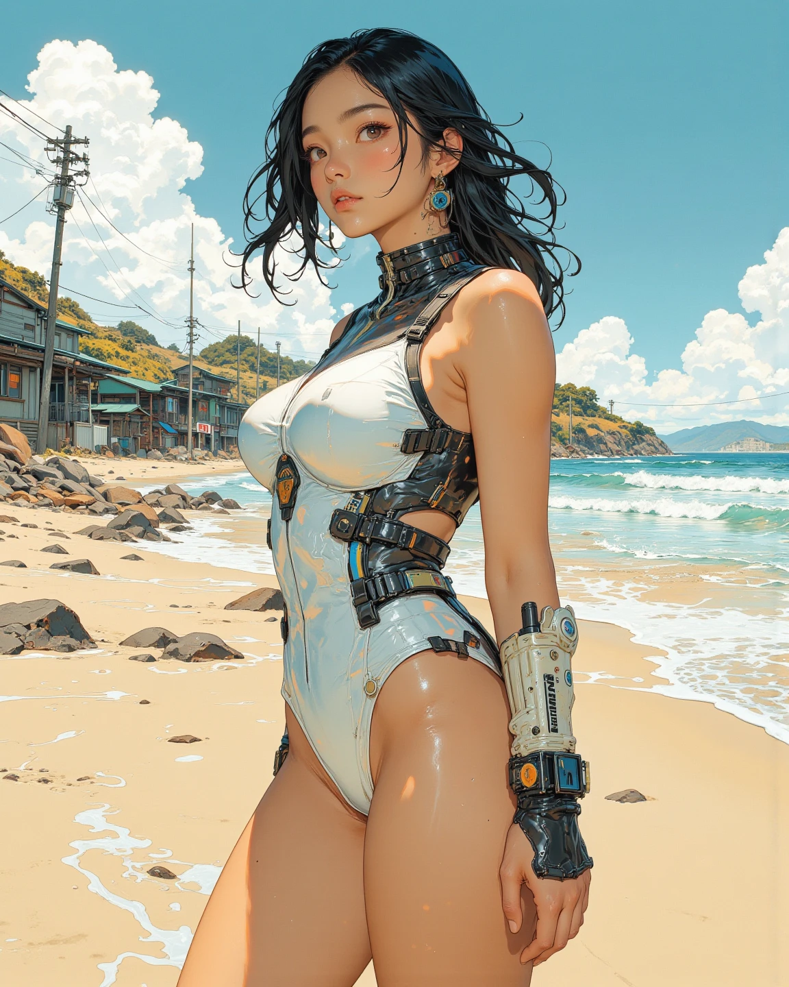 js9swimsuit, eyewear on head, mechanical arm, (closed mouth:1.3), best quality ,masterpiece, illustration, an extremely delicate and beautiful, extremely detailed ,8k wallpaper, Amazing, finely detail, masterpiece,best quality,official art, film grain, ultra-detailed, highres, extremely detailed,beautiful detailed girl, 1girl, side shot, looking at viewer, mechanical_body, water, beach, day, watermelon bar, popsicle, outdoors, carrying, food in hand, <lora:Girls' Frontline-JS 9 -Orca's Journey & Original outfits (With multires noise version):0.9>