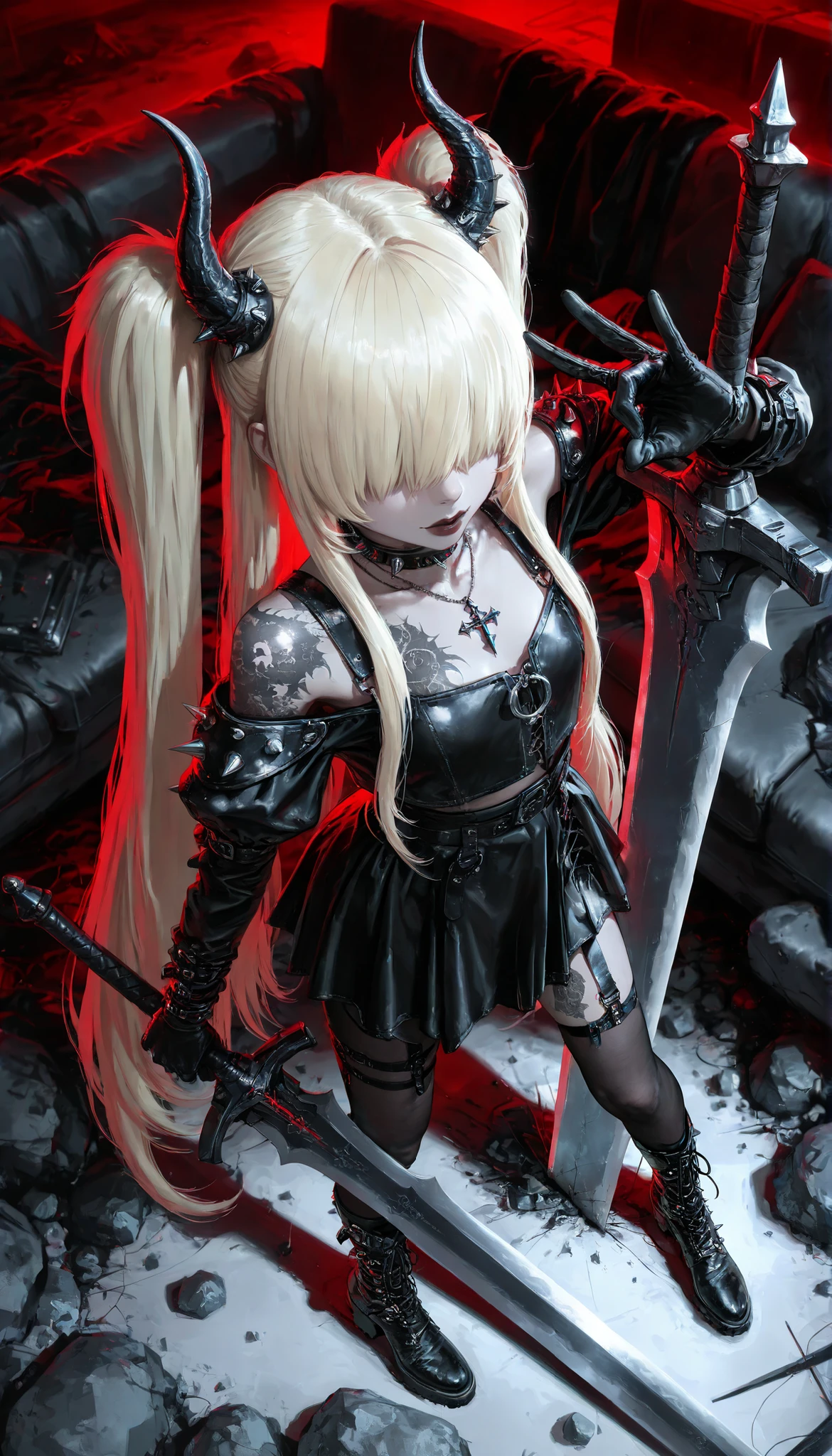 HDR-10, 8K, masterpiece, better quality, amazing quality, very aesthetic,newer,1 girl,messy room,sofa,from above,gothic girl,dressed in a black skirt,clothes with spikes, leather,very long hair,blonde, two very long pigtails,minimalist tattoo on the thigh,black shoulder pads,heavy and large sword,guantes de leather sin dedos,horn gesture,half ties with holes, broken socks,black tights, black heeled boots,red lips,clasp over the eyes,Hair over the eyes,collar,necklace on the thigh,slipping strap,open legs,dynamic pose,Rock,gitarra de Rock sobre el sofa, close,sword stuck in the ground
