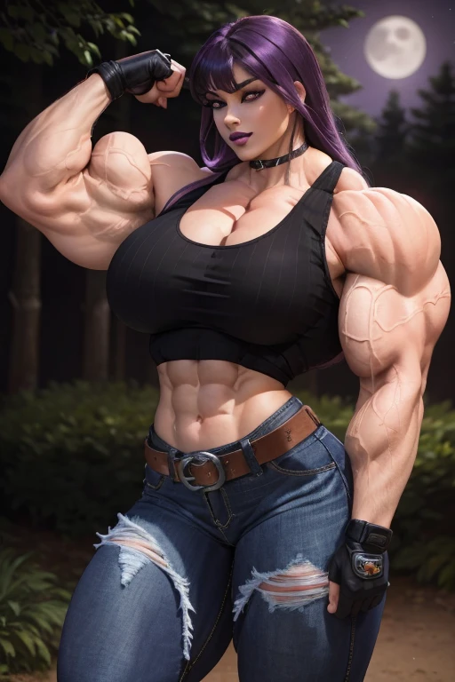 ((((Massive, tall, beautiful, buff, heavily wet, pale white skinned muscular woman with wet violet purple hair, black lipstick, ginormous bulky muscles, sitting on a yacht and wearing a violet purple bikini)))), close view, massive muscle, massive biceps, hyper muscle shoulders, ((massive muscle arms)) vascular shoulders, hyper muscle triceps, (long hair with long bangs), black eyes, choker, on a luxurious yacht, confident smile, night, hyper muscles arms, hyper muscle legs, (massive arms).