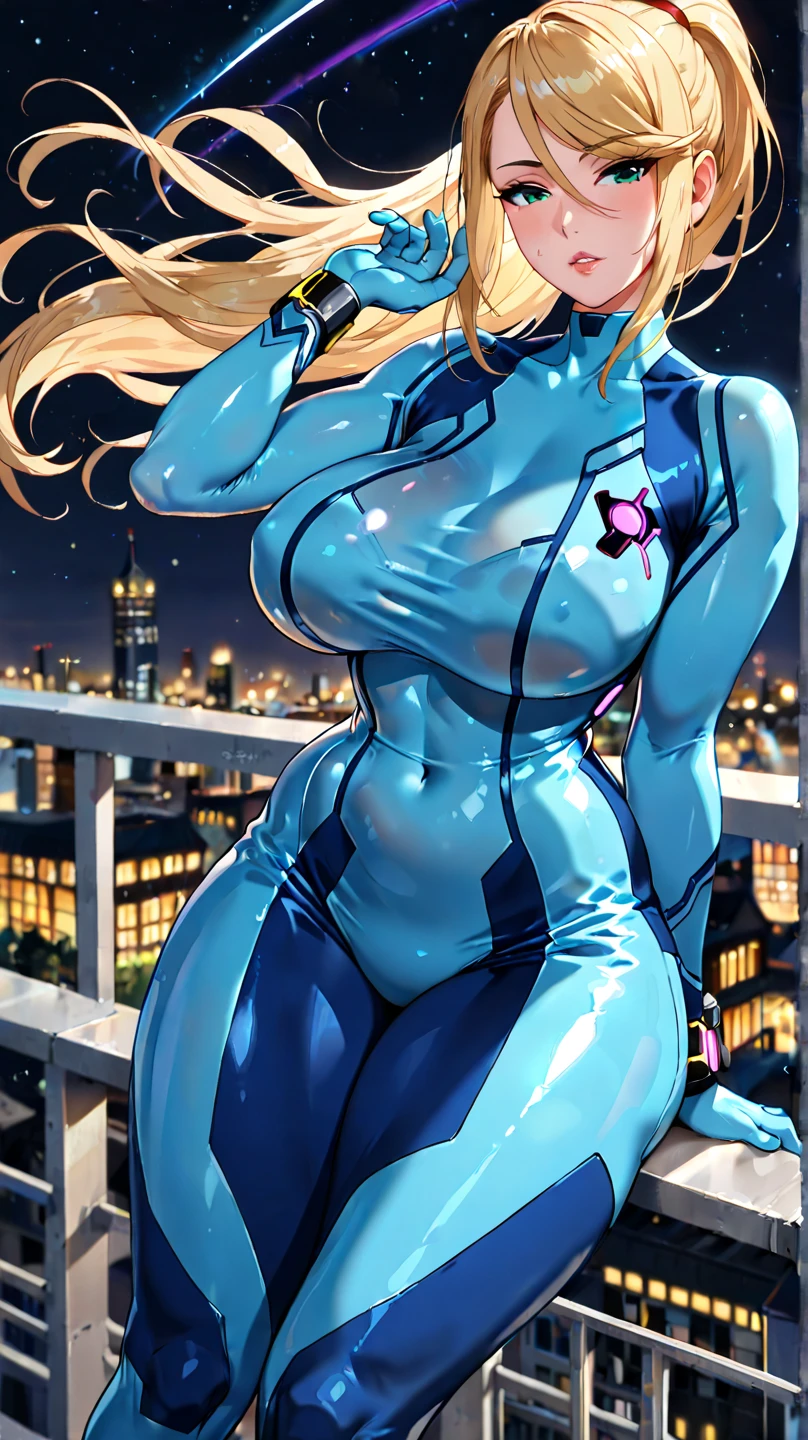 One girl,Samus Aran,alone,Green Eyes,Blonde,Zero Suit,ponytail、Light blue bodysuit,Dark blue stripes,Cowboy Shot,City of night,sf,Very detailed,Sharp focus,beautiful,(Highest quality)