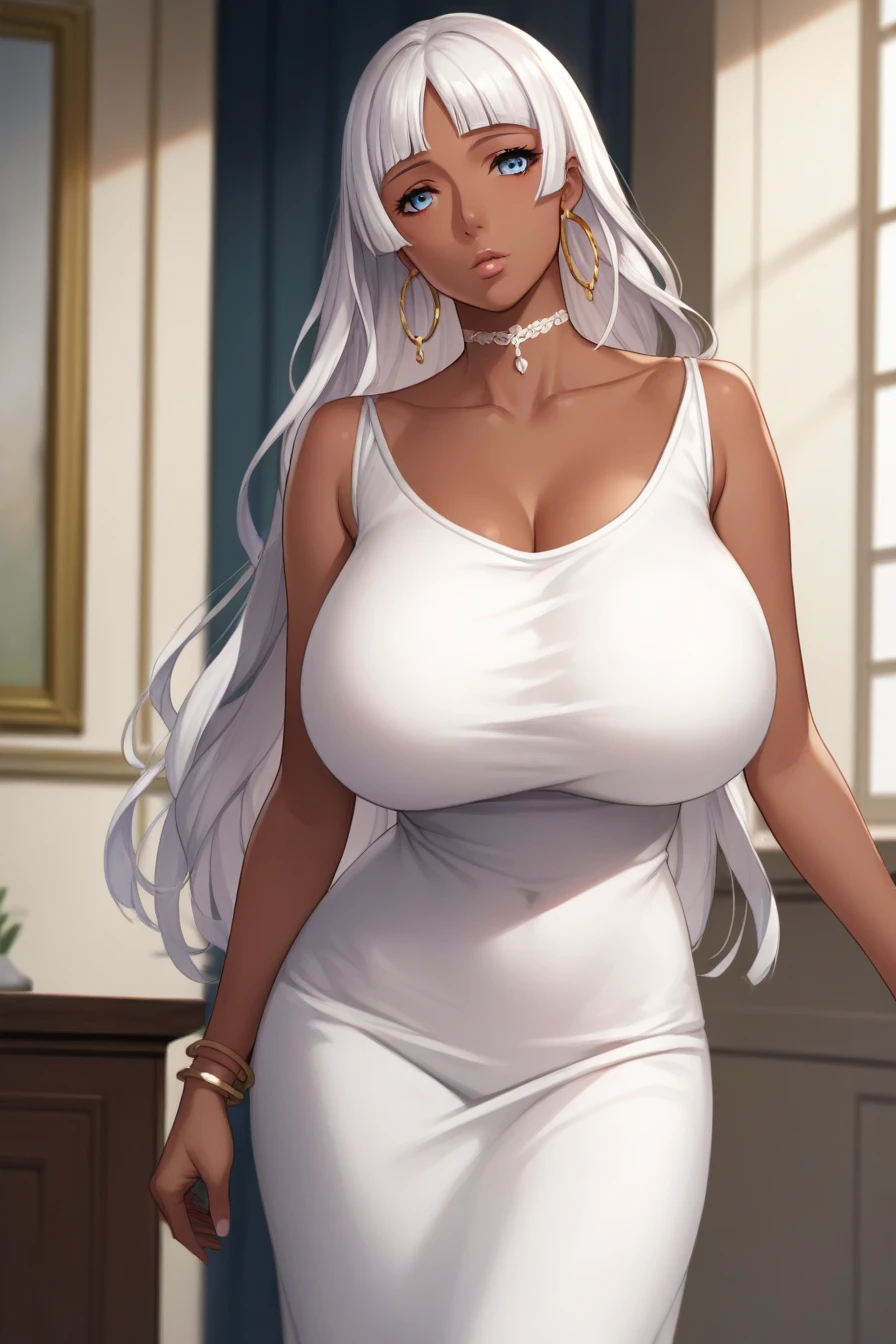 masterpiece,best quality, highly detailed, score_9, score_8_up, score_7_up, score_6_up,source_Anime,BREAK
liliana,1girl, solo, long hair, breasts, looking at viewer, bangs, blue eyes, dress, cleavage, bare shoulders, jewelry, collarbone, white hair, thighs, earrings, choker, indoors, dark skin, blunt bangs, white dress, huge breasts, bracelet, dark-skinned female, lips, hoop earrings