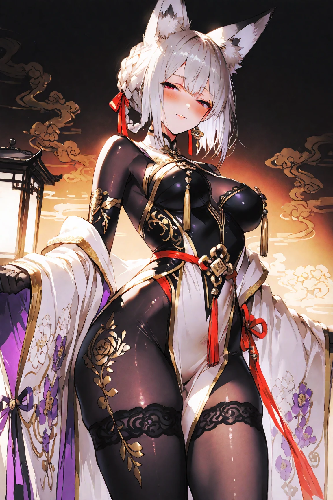 Adult woman, short white hair, Fox ears, Fox tails, golden eyes, black whites of the eyes, kimono, ssmile, Masterpiece, hiquality