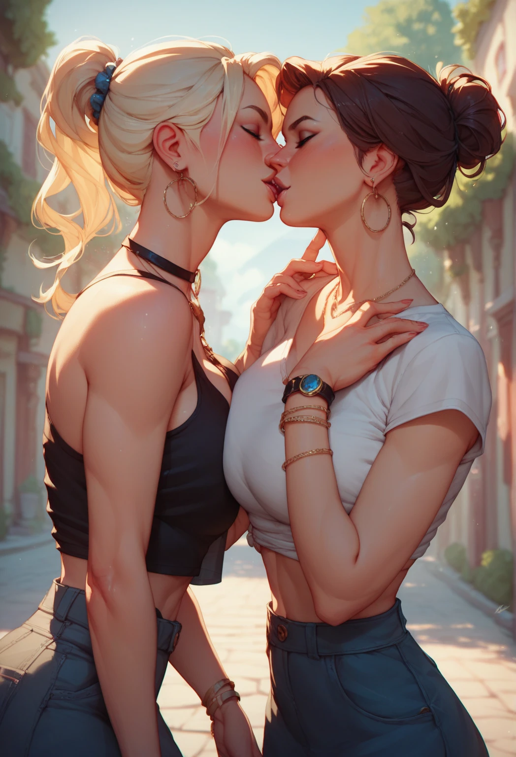 (Handsome female teacher.2.Well-proportioned face.Dark, tanned skin.Tall.Very muscular and slender body.Beautiful six pack abs.Big eyes.Pure white hair.Boyish short hair with a center part.I can see your forehead.Heavy eye makeup.Dark lipstick.Tight waist.Very large breasts.Very large breastsの谷間.Beautiful light pink areola.Glowing skin).(Leopard print tank top.Shorts.I have a lot of piercings.).(2 Beauty.Gym.Two people hugging each other.Kissing.Her cheeks are bright red.)Perfect Face.Accurate human body.Accurate 5 fingers.High resolution.It's dynamic.Only the upper body is visible