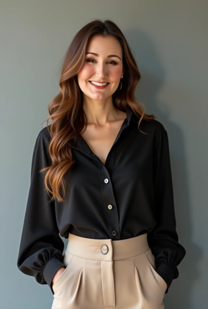 Fat woman white skin hair up wearing black DKNY shirt black cloth pants