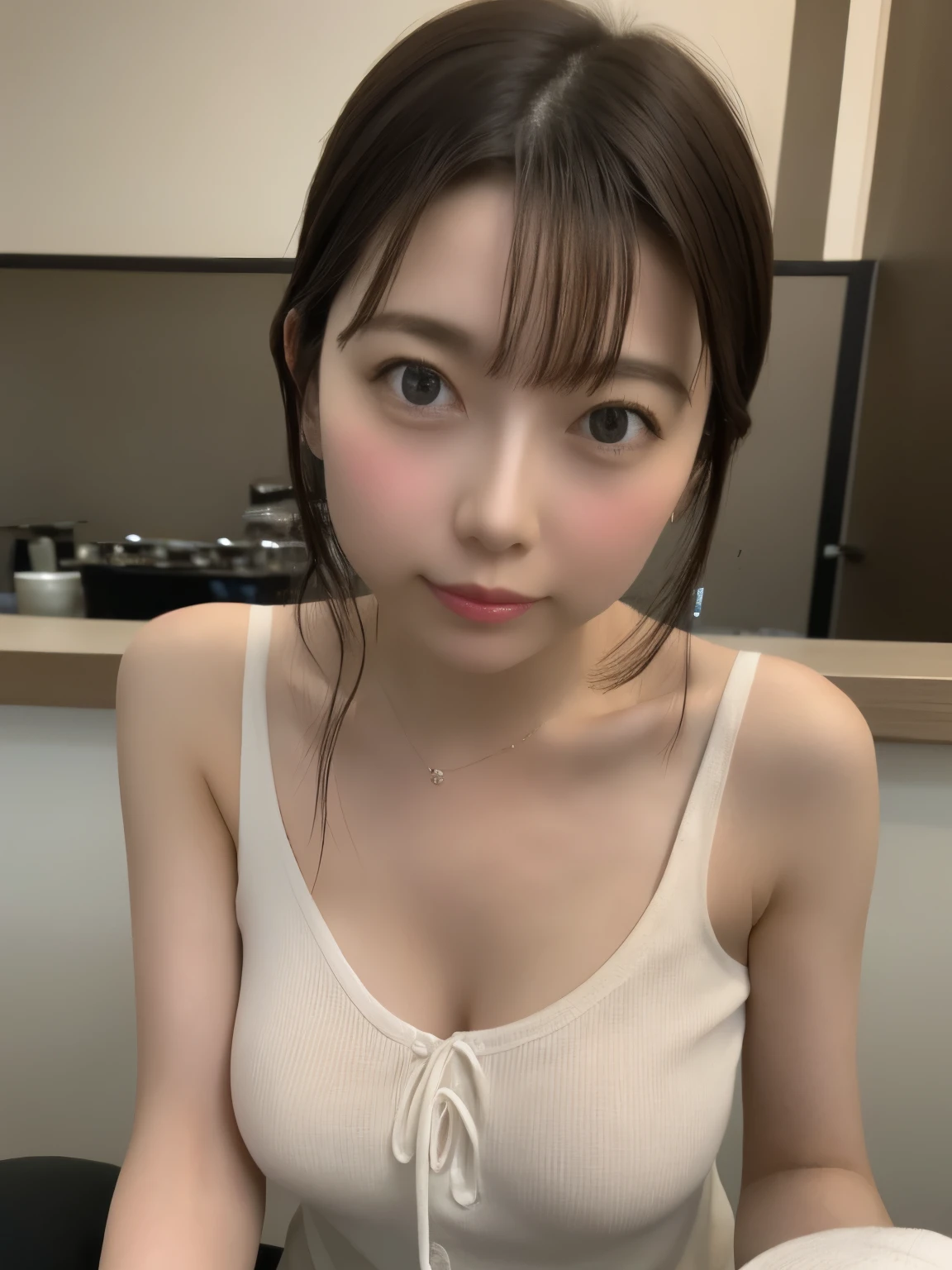 absurdres, (masterpiece, best quality), (ultra-detailed), extremely detailed,super high resolution, (Top Quality photorealistic Illustration), (Super Definition), (best quality,masterpiece:1.0),(cute illustration), (high Saturation:1.2), highres, ultra-detailed, 32k,8k resolution, intricate details, cinematic scene, detailed background, Soar (High chroma),(Sparkling),bathroom, depth background, in the sandy beach, ocean, splashing, blue sky, windy, rim light, sunlight, beautiful lighting, strong light,BREAK (one girl:1.6) (kawaii), (cute), Beautiful and delicate eyes, Delicate and beautiful face, Facial accents, Perfect figure,(open shirt), (show off small nipples:1.6), (small areolas), Uniforms、bright expression、short bowl cut、Young shiny shiny white shiny skin、Best Looks、Natural black hair with dazzling highlights、shiny light hair, (short hair), silky straight hair、Beautiful bangs that shine、Double eyelids、eye liner、Glowing crystal clear attractive big brown eyes,(Very beautiful nice cute 14 year old Nordic girl)
