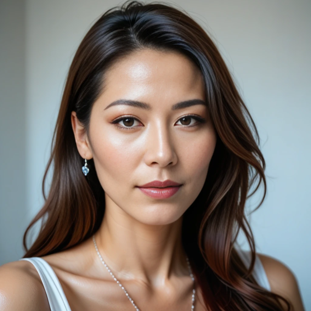 (Masterpiece), (Realistic), (Ultra realistic), (best quality), (8K), ultra-detailed, UHD, RAW, ((1 woman)), beautiful+cute+feminine, most beautiful Asian woman, (very cute woman), (most beautiful woman), most beautiful (cute feminine) cheeks, round face, (realistic long wavy curly (black) hair), (realistic brown_eyes), big eyes, (realistic ultra-detailed beautiful monolid eyes), Camilla Luddington:0.3, Eva Longoria:0.4, double eyelids, round (very thin) eyebrows, black eyeliner, wearing (white g-string) & (white crop-shirt), white_backdrop, (back shot)