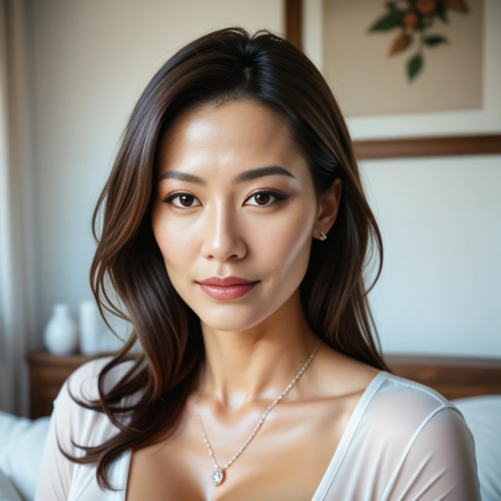 a beautiful young woman (Kelly Hu) in a sheer negligee (no underwear), eating a donut with crumbs fallen on her breasts, morning light from large windows in a dining room, 1girl, beautiful detailed eyes, beautiful detailed lips, extremely detailed face, long eyelashes, realistic, photorealistic, photo-realistic:1.37, (best quality,4k,8k,highres,masterpiece:1.2),ultra-detailed,(realistic,photorealistic,photo-realistic:1.37),natural lighting,warm lighting,HDR,UHD,studio lighting,ultra-fine painting,sharp focus,physically-based rendering,extreme detail description,professional,vivid colors,bokeh,portrait
