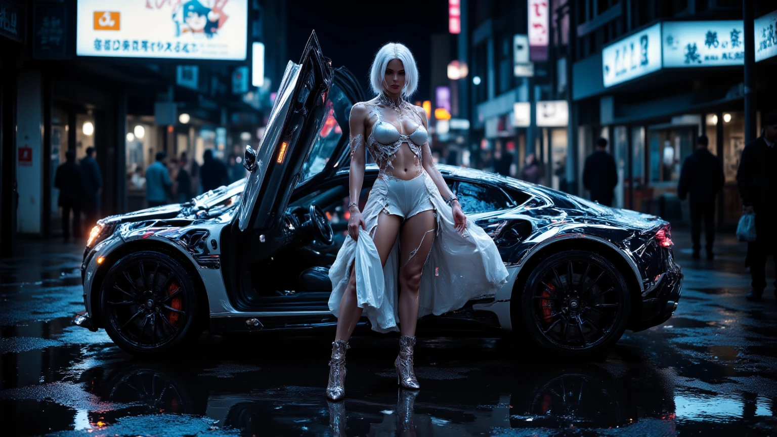 arafed woman in a silver dress standing next to a car, Inspired by Hédi Sant, Sexy girl, karol bak uhd, Sexy dress, amouranth as a super villain, author:Adrian Zingg, amouranth, Luxury dress, chrome body, Supercars, mais conhecido como Amouranth, japanese pretty woman, Realistic1.4, Japan goddess