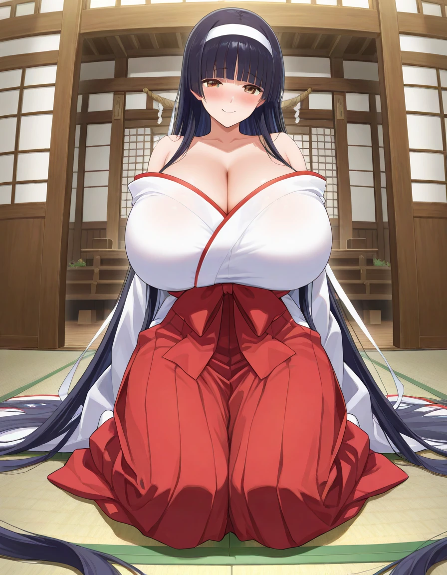 Japanese girl　Black hair gigantic breasts (Flower)(Flower Arrangement Club)（Flower Arrangement）a woman sitting in a chair wearing a kimono, with her hand resting on top of her pants, 1girl, solo, japanese clothes, long hair, sitting, black hair, hakama, skirt, looking at viewer, hakama skirt, blush, white kimono, bangs, kimono, closed mouth, black hakama, seiza, long sleeves, breasts,kendo hall, wood floor, ,big breasts, huge breasts, gigantic breasts,flower arrangement,big breasts, huge breasts, gigantic breasts