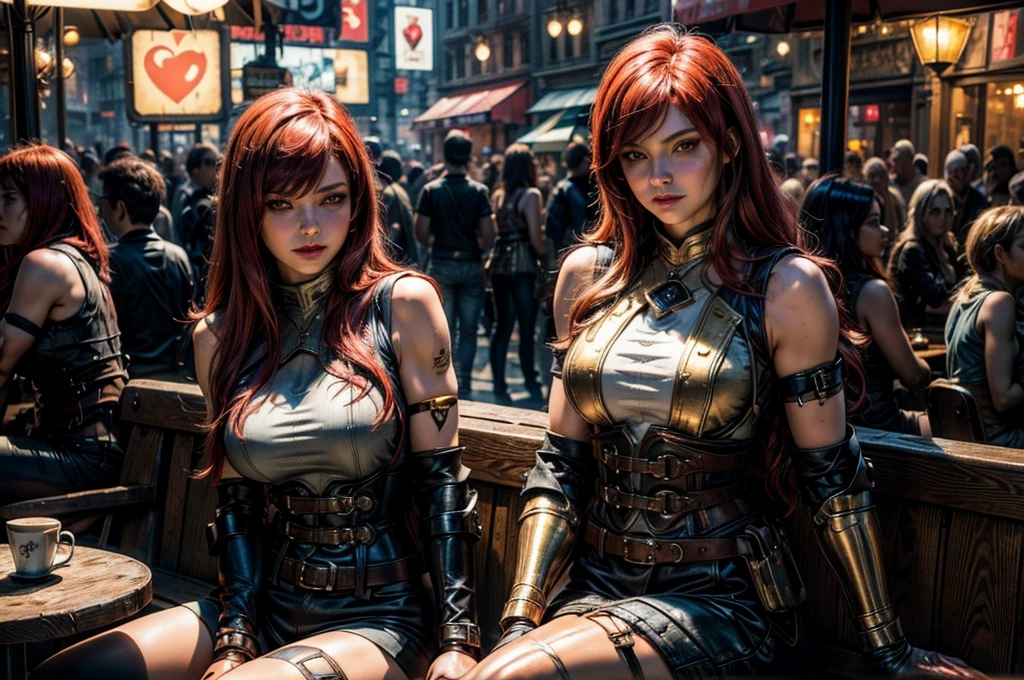 Twin Sexy Female jedi, red hair, tannned skin, skinny, welding lightsaber, black lace mini skirt and bra, sandy arena