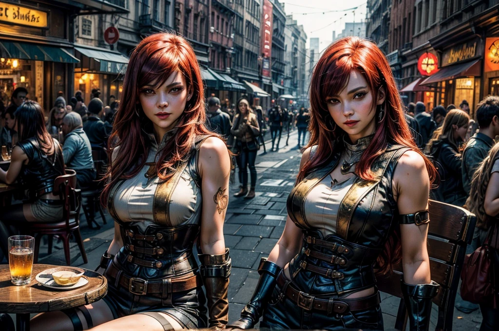 Street of futuristic syfy city. there stand mettalic female android, her elegant body made from mettal, despite she made of mettal she have beautiful face features, long syntetic red hair with pink highlights, her breasts wrapped with chains and also she wears jeans shorts with open top butten, she looks sweet but a psyho, (ultra high quality fantasy art, syfy fantasy style, masterpiece, ultra high quality character design, 8k quality anime art, realistic anime art, top quality wallpaper illustration, detailed ultra high quality accurate face, high quality design and accurate physic)