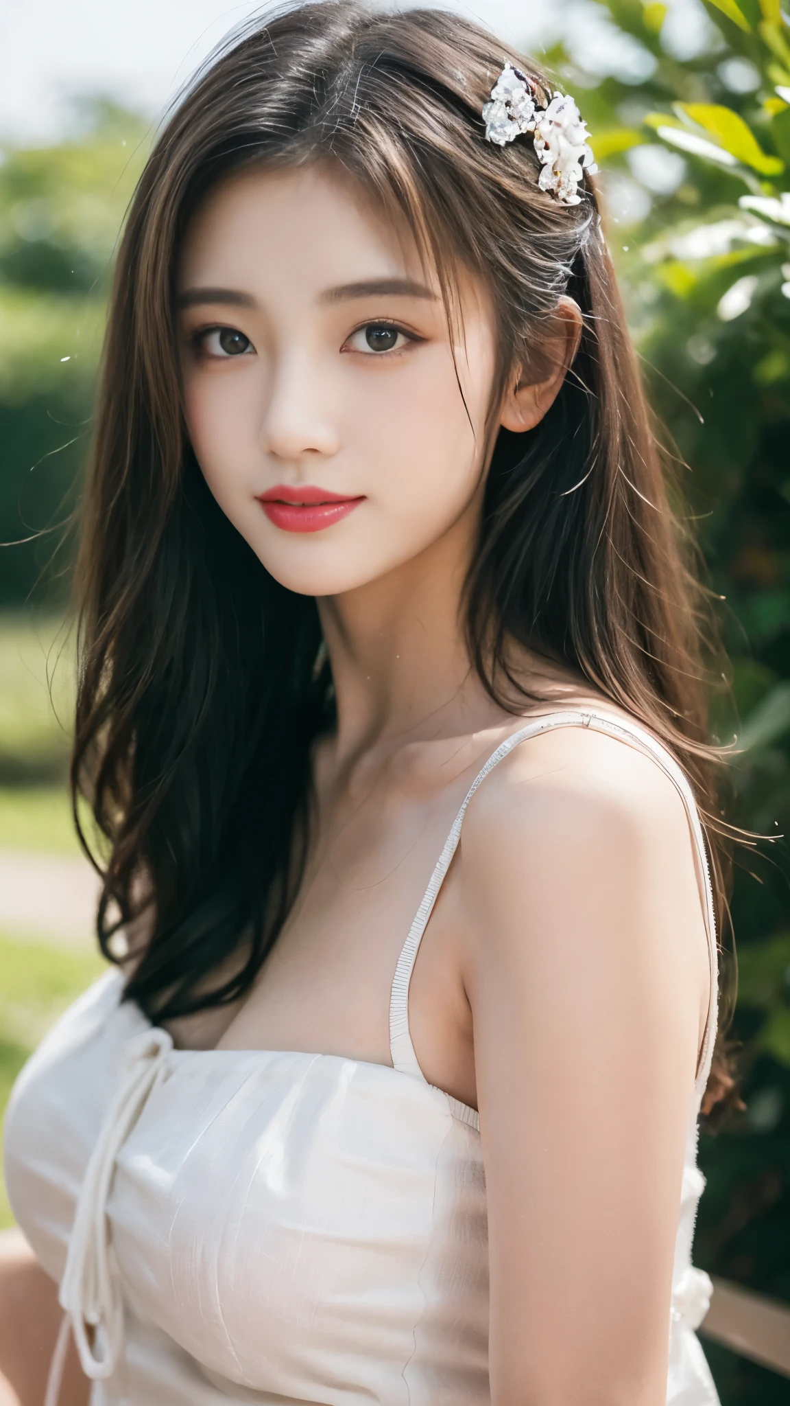 masutepiece, Best Quality, Illustration, Ultra-detailed, finely detail, hight resolution, 8K Wallpaper, Perfect dynamic composition, Beautiful detailed eyes, doress,Medium Hair, mid-chest, Natural Color Lip, Random and sexy poses,Smile, Blurred green park background、20 years girl、Colossal 、Too much exposure、No shoulder knitwear（white）、Exposing the chest、Slid、I keep my hair tied up