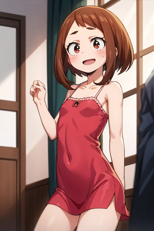 ,12yo,(petite), 1girl, looking at viewer, , hazuki katou,,,, ,my room,,blush,(spoken heart),,medium breasts,(evil smile,grin),off shoulder,