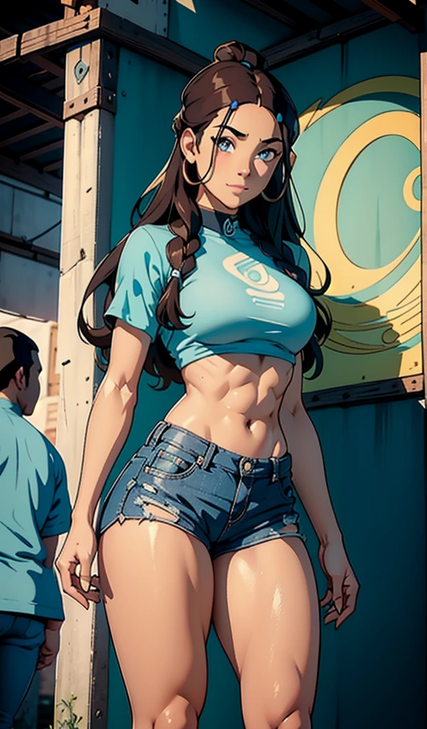 Fully nude breasts (high quality, best rendering), (beautiful girl), Blue Eyes, ((black long straight hair)),(bombshell, pin-up style), psychopath, crazy face, sexy pose, jean short shorts, tank top, pastel, centered, scale to fit dimensions, micro thong, micro bikini, camel toe