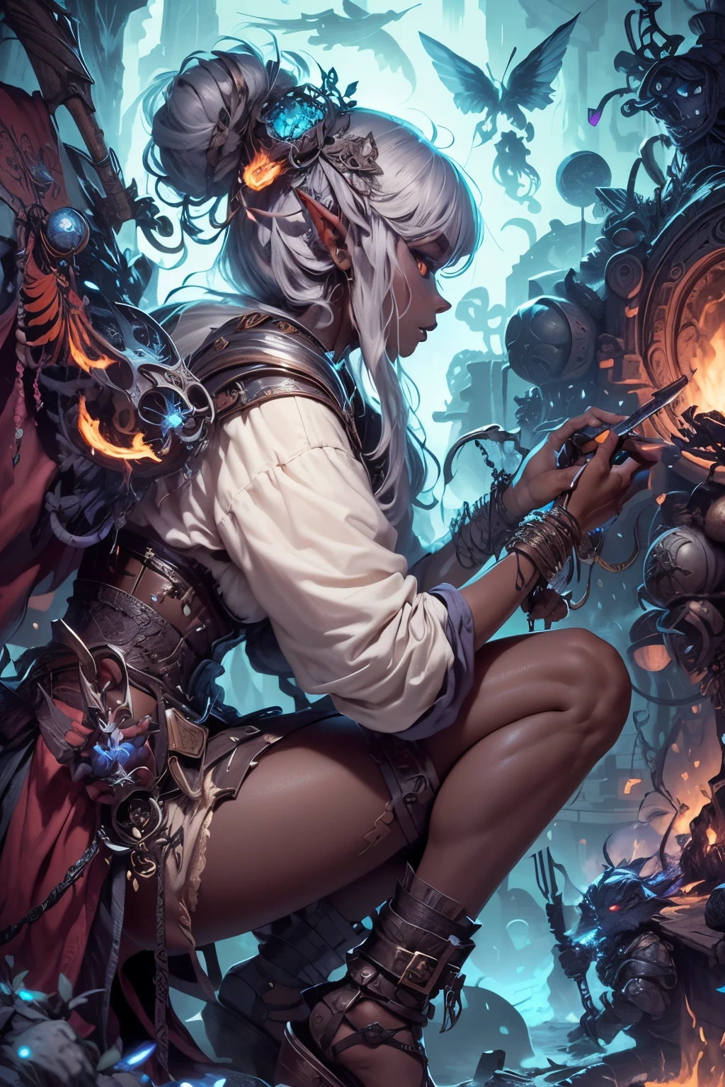 A more advanced tribe of drow, the Sulatar seem to be masters of elemental binding and may have even been the source of Zilargo's knowledge. This form of magic dates back to the Age of Giants. In fact, the name Sulatar means "fire binders" in the language of the Giants. And the best warriors within this society use weapons and other items that are enhanced with fire. Sometimes the items are made powerful by elemental binding, but it is also done with other sorts of fire magic. Their weapons and armor often have fire art on them. The most interesting aspect of their weapons and armor is that it is made of a form of mithril that looks a lot like bronze.