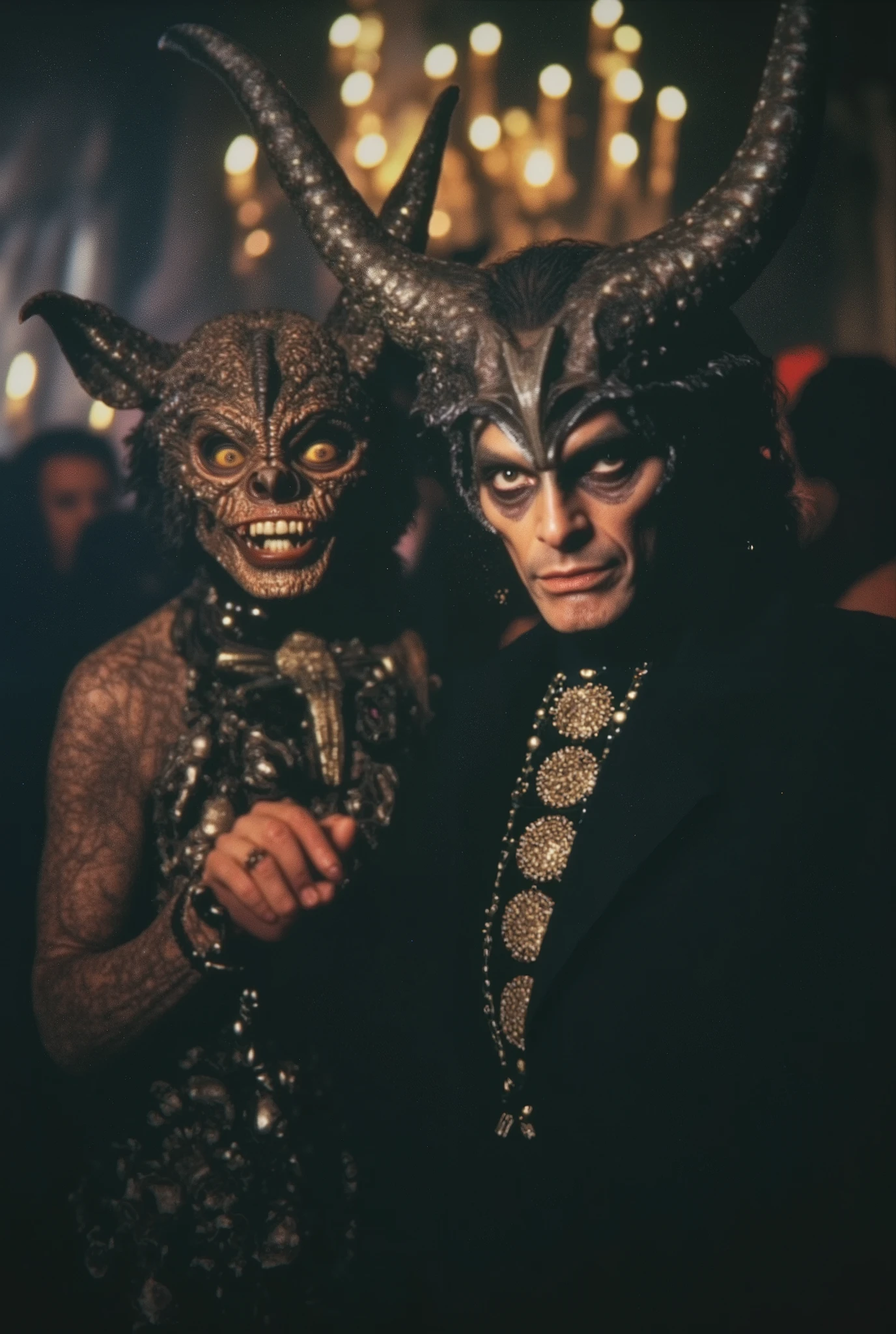 Pair of human animals, posing in front of the camera at a satanic event. very sinister and disturbing. Hyperrealism. necklace trio. 8K. surrealism.
