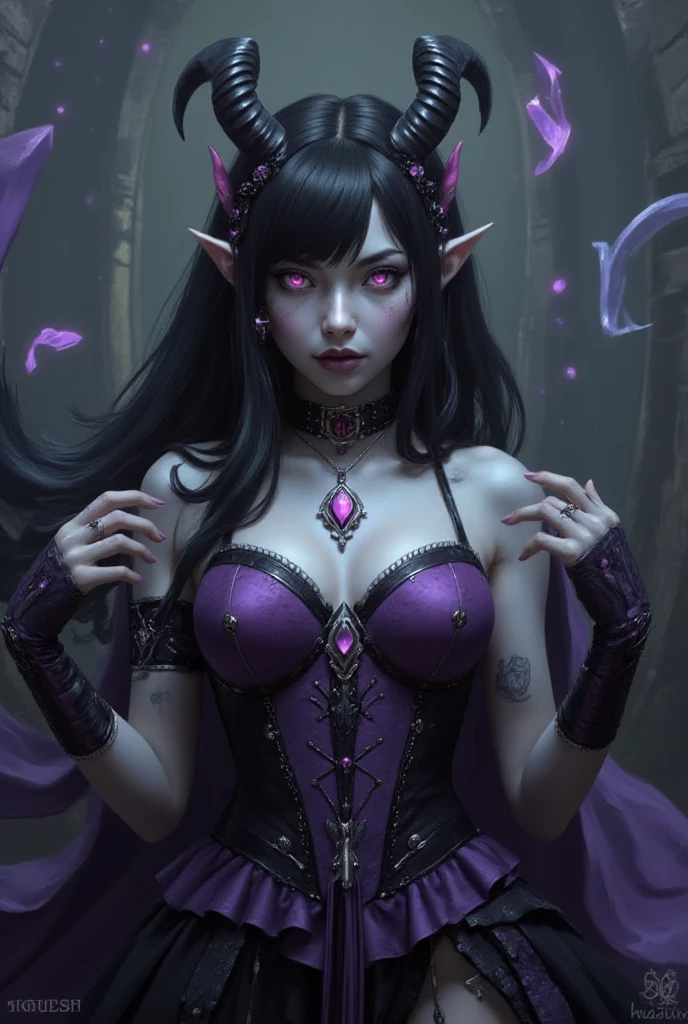 Gothic woman, purple hair, elf, necromancer