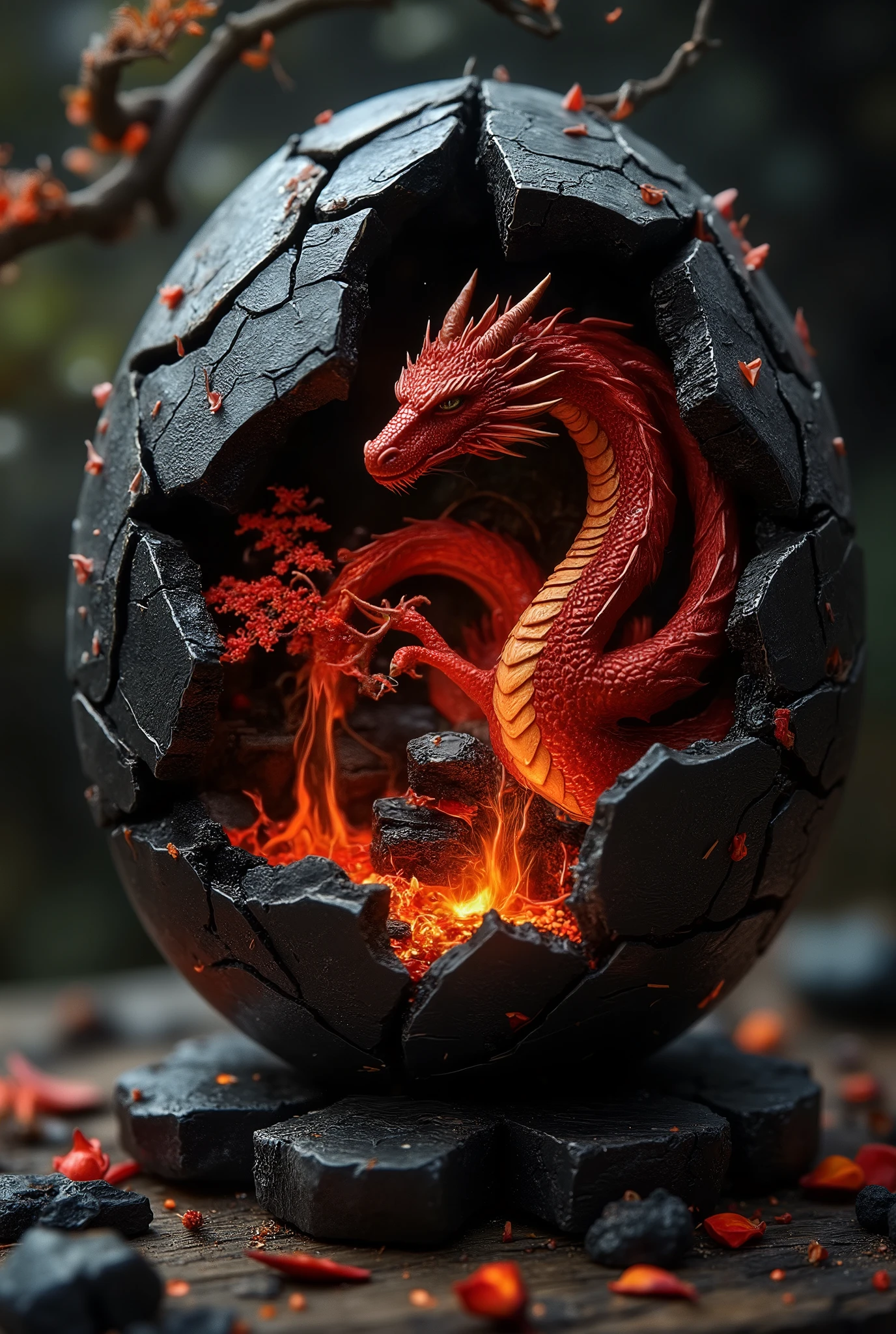 A spherical, cracked object, resembling a shattered obsidian egg or crystal orb, contains a dark miniature landscape inside. At its center, a red dragon coils around a glowing inferno, its scales glistening like molten lava. Flames erupt where a bonsai tree once stood, casting flickering reflections on the cracked inner surface. Instead of water, rivers of fire twist and flow beneath the dragon, illuminating the sphere with an ominous orange-red glow. The sphere's fractures reveal jagged, blackened stone and scorched textures. Outside, scorched petals or ash-like fragments scatter on a dark, charred wooden surface. The scene is lit by a dramatic, low light, creating a fiery, mysterious atmosphere. Keywords: surrealism, dark fantasy, photorealistic 3D, fine art, fire, dragon, shattered sphere, apocalyptic, magical artifact.