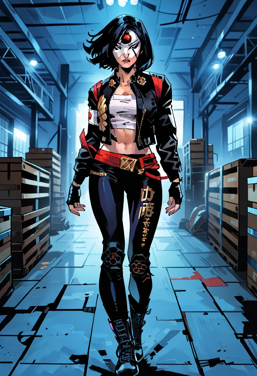 1girl, solo, score_9, score_8_up, score_7_up, masterpiece, high quality, western cartoon, very detailed, vibrant colors, midnight lighting, solo, alone,
1girl, solo, dckatana, black hair, medium hair, mask, jacket, sash, white tubetop, black pants, midriff, navel, black boots, kneepads, armband, fingerless gloves, gold decal on pants, black eyes, pretty1,
indoors, abandoned warehouse, dark, nighttime, looking at viewer, facing forward, standing, serious,