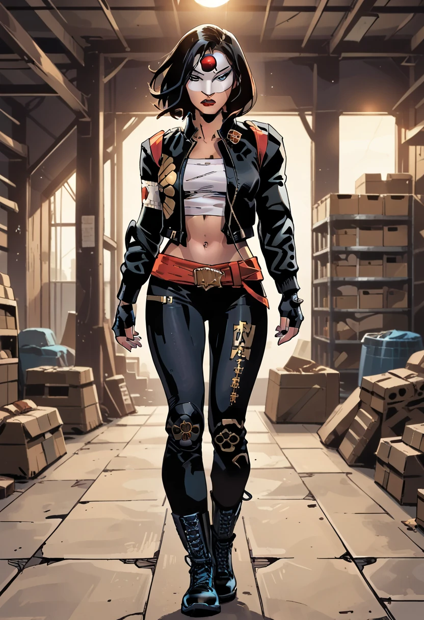 1girl, solo, score_9, score_8_up, score_7_up, masterpiece, high quality, western cartoon, very detailed, vibrant colors, midnight lighting, solo, alone,
1girl, solo, dckatana, black hair, medium hair, mask, jacket, sash, white tubetop, black pants, midriff, navel, black boots, kneepads, armband, fingerless gloves, gold decal on pants, black eyes, pretty1,
indoors, abandoned warehouse, dark, nighttime, looking at viewer, facing forward, standing, serious,