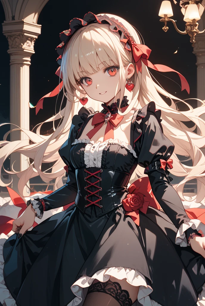 masterpiece,absurdres,garter_straps, 1girl, thighhighs, hat, long_hair, breasts, solo, beret, red_eyes, blush, gradient_background, skirt, gradient, cleavage, looking_at_viewer, hair_over_one_eye, open_mouth, braid, red_headwear,shibuya \(tokyo\), outdoors