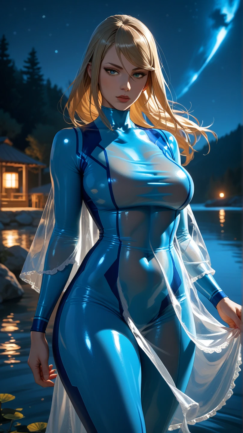 top-quality、masterpiece、(Beautiful shiny blonde hair)、(blue eyess)、Cute Caucasian Woman、(Beautiful smile:1.3)、Full body like、(Wet sheer leotard:1.5)、beautiful fairy-like woman、(Elven ears)、Fantasia、Lake at night、Auld Lang Syne、Background emphasis、Pale Full Moon、Angle looking up from below