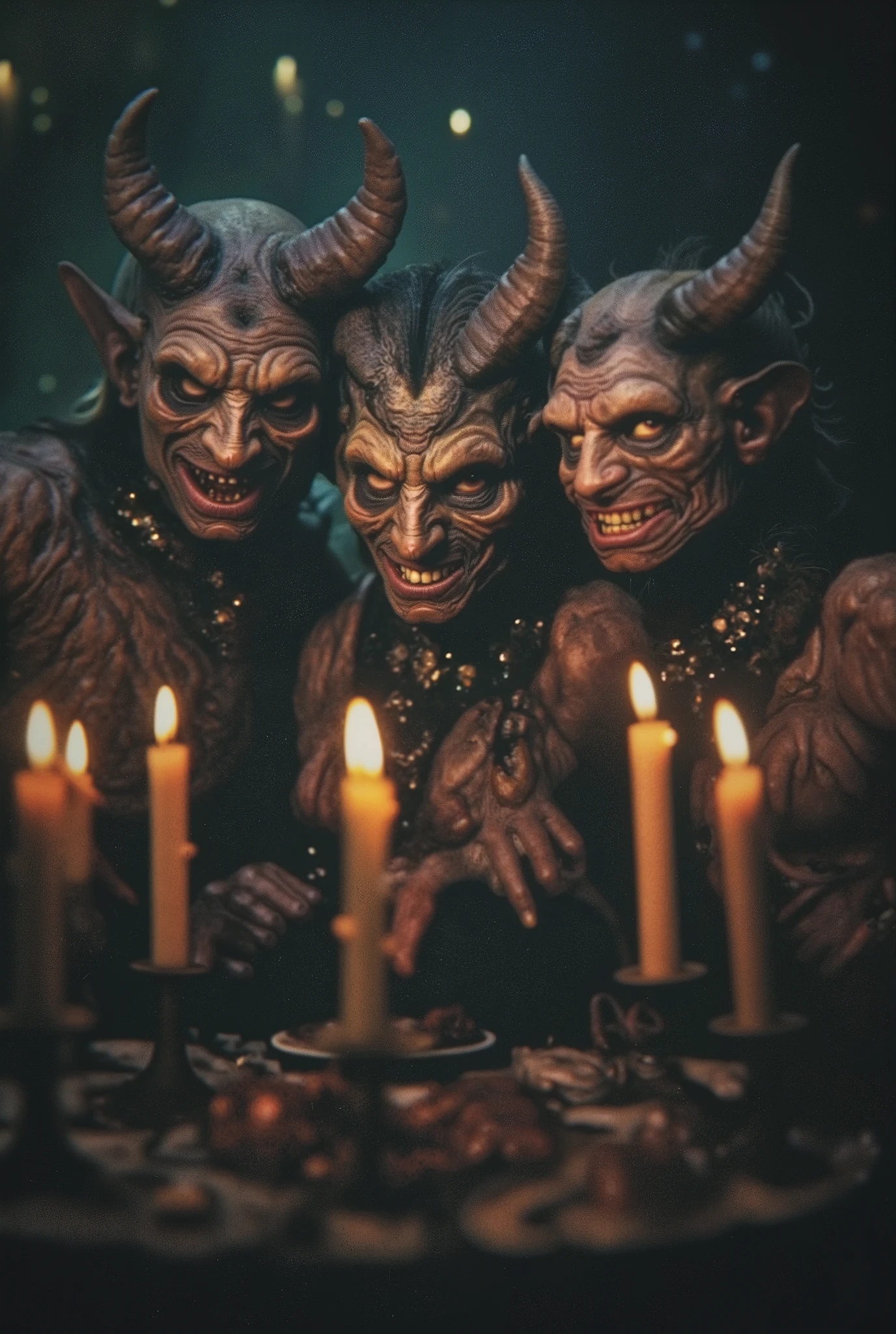 Human animals, posing in front of the camera at a satanic event. very sinister and disturbing. Hyperrealism. necklace trio. 8K. surrealism.