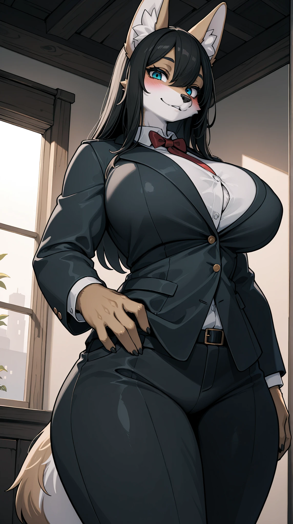 20 year old woman, busty, bubble butt, hourglass figure, skinny, blushing, frustrated expression, horny, confused, long hair, black hair, wavy hair, wearing white shirt, black pencil skirt, short skirt, red tie, loose tie, tight fitting clothing, cleavage, anime, flat colors, in an office, office attire, disheveled, messy, disheveled clothing, messy clothes, bending over