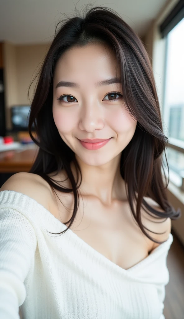 A selfie taken by a fair-skinned Japanese woman bending forward。Smiling。Wearing a tank top。The chest is very sexy。Soft Light。Selfie style。
