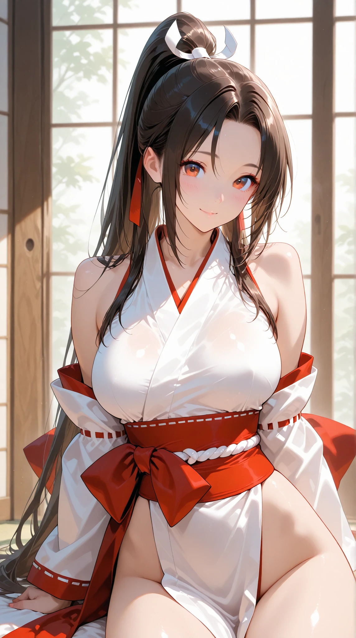 smile, ((Smooth texture:0.75, Realistic texture:0.65, Realistic:1.1, Anime CG Style)), ((thick outline;1.3)), (La highest quality,High resolution,Super detailed,Actual), Absurd, (highest quality), (masterpiece),(Super detailed:1.2), (High resolution), Red dress, sleeve, Komono, ((mai shiranui:1.4)), Shoulder Bare,Emphasize the chest, ((Nipples are visible:1.3)), Black Hair, ((Brown eyes:1.3)), Very large breasts, Big Ass, long、High Ponytail, Hair Ties, compensate, 1 person、25 years, Japanese Mature, Cute Fingers, Beautiful long legs, Nice body, Cute Nose, Beautiful character design, Perfect Eyes, Perfect Face, jewelry, transparent, View the viewer, hair ornaments,  choker, shy, king of fighters,
(Tabletop, highest quality, highest quality, Official Art, beautifully、aesthetic: 1.2), Very detailed, More detailed,
((Super big breasts:1.7,)) , Floating Skirt,
Cyberpunk Little Tokyo and its Surroundings, US, Full body photography:1.2、Peg heeled long boots,standing, ((From the knee up:1.3)), Angle from below, Dutch Angle