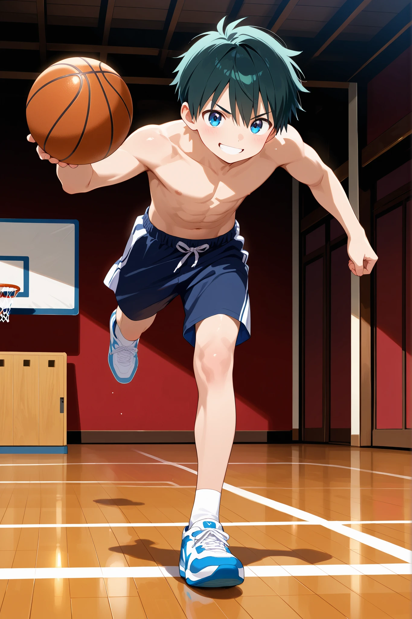 masterpiece, best quality, Ultra High Resolution, anime style, male focus, Basketball match, japanese boy, high school students, Dumping, Dynamic Capture, very handsome, Perfect Face, Cute Face, Clear and beautiful detailed eyes, black short hair, Shiny Hair, topless, Detailed skin, perfect hands, Good anatomy, perfect body, Slim body and muscles, Smile, Soft Light, full body, 8k resolution,