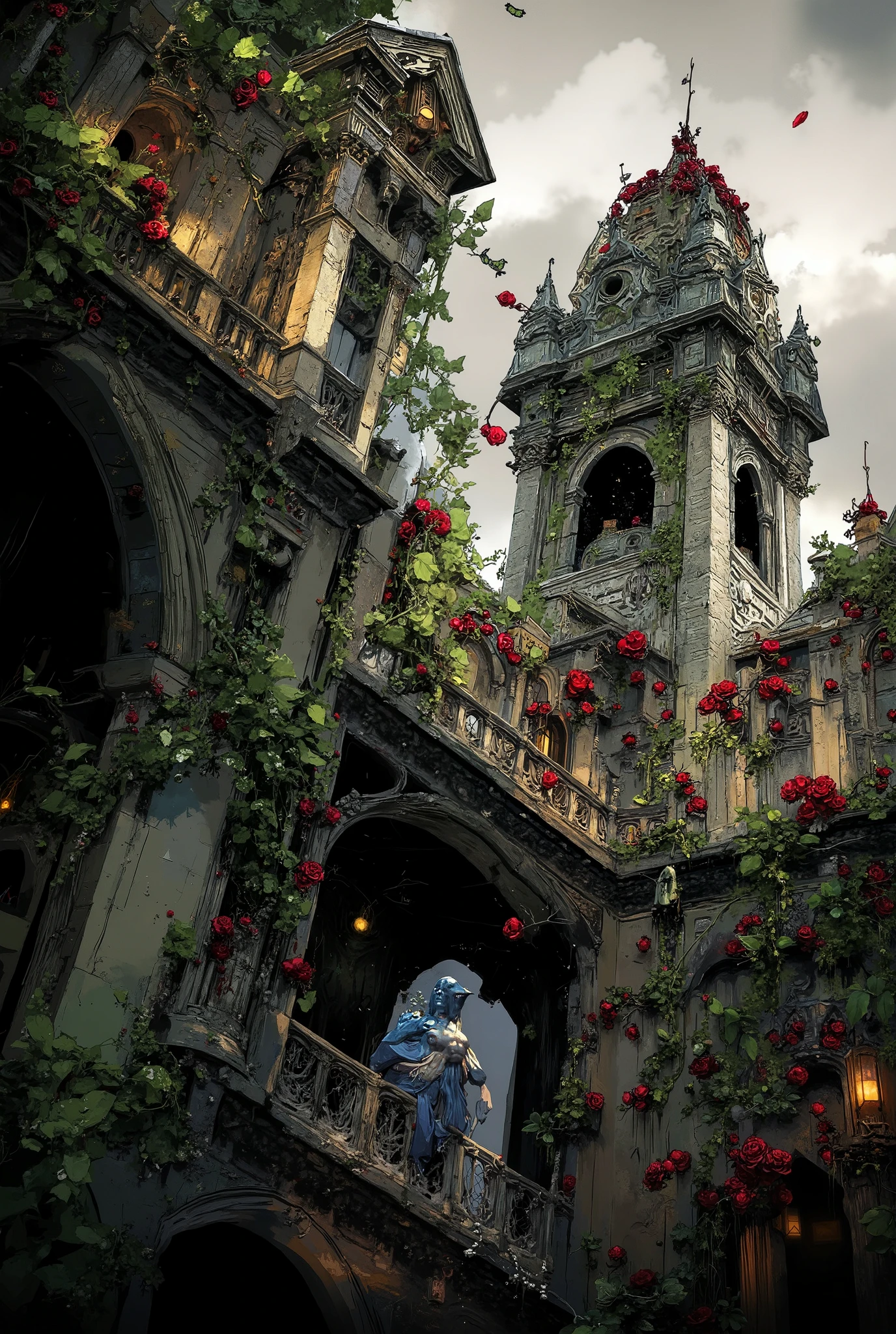 A beautiful and sinister necromancer's castle, overgrown with wild black roses and full of undead servants and monsters