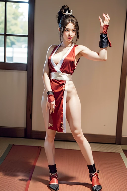 mai shiranui, (Full body portrait:2.0), Full body, (tabi:2.0), (Realism), (masutepiece:2.0), (Best Quality), (ultra-detailliert), (8K, 4K, Convoluted), (skinny), Prestige, Brown eyes, Long hair, Brown hair, White ribbon, Sleeveless, poneyTail, sash, pelvis curtain, arm guards, mitts, fascinated expression, Sexy eyes, medium breasts, Smile, Cute, view the viewer, Long hair, Close to Japan temple, (breasts focus:1.2), (Realistic:1.2), (Full Shot: 1.2), (85 mm), light Particle, Lighting, (Highly detailed:1.2), (Detailed face:1.2), (gradients), SFV, Colorful, (Detailed eyes:1.2), (Detailed temples of Japan: 1.2),(Detailed background), (Dynamic Angle:1.2), (Dynamic Pose:1.2), (Line of action:1.2), Wide Shot, Daylight, Solo.