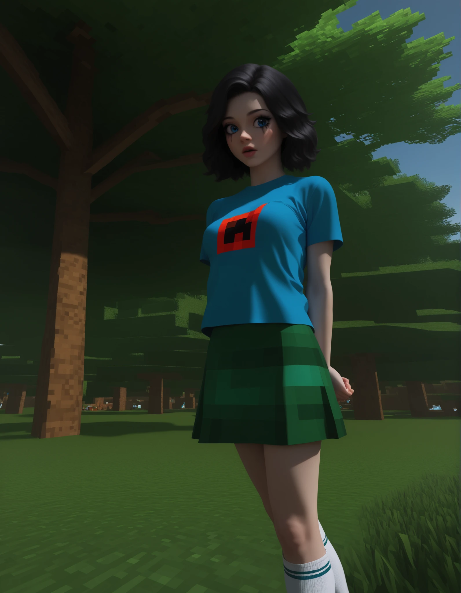 Emma Myers face. Minecraft movie art. cubic world. Ultra texture details. Natalie from Minecraft movie. Emma Myers detailed face. View from below. full body. Cute small girl, short petite girl, skinny body, medium breasts. Young girl, detailed grey-blue eyes, cute face, 20 years old, pale white skin, beautiful lips, cute cheeks, gands behind back. Surprised face expression, short hair, wavy hair, dark hair, natural makeup, black t-shirt with retro print, retro print, red sun print, blue cardigan, woolen cardigan, cardigan on top of t-shirt.dark-green skirt. midi skirt with subtle patterns. black converse, high-top sneakers, ankle socks. white socks, clear white socks. athletic girl, minecraft cubic world, cubic zombies. Sharp face focus. running from minecraft zombies. detaield minecraft cubic world. zombies grabbing her hands. zombies coming close. Dark forest. dramatic chiaroscuro. realistic lightning. realistic cubic textures. realistic cubic world. ultra graphics minecraft.enhanced minecraft. Realistic cubic trees. Realitic cubic grass. Size difference. Detailed body. Detailed eyes. Detailed legs. Detailed fingers, detailed hands. Realistic textures. Detailed face.