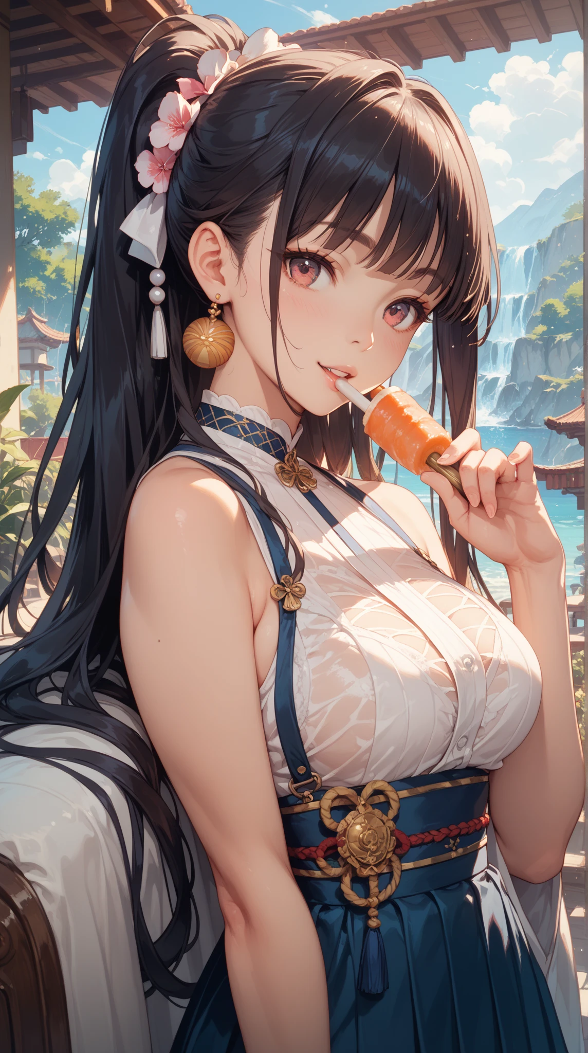 Best quality, ultra-high-detailed (mature female:1.6), ((Minamoto Shizuka)) in a seductive pose. Detailed face, detailed body, curvy ass, oily skin, symmetric face, cute, with a belly pin, ponytail hairstyle, short see-through pink skirt, and black see-through striped top. Seated in a frog pose, surrounded by her domestic animals. The animals include pigs, dogs, goats, roosters, a horse, and sheep, all standing on their two hind legs, mimicking a playful stance. The setting is a cozy, rustic cattle barn, with hay scattered around and wooden beams visible in the background. The girl has a joyful and relaxed expression, creating a warm and charming atmosphere.