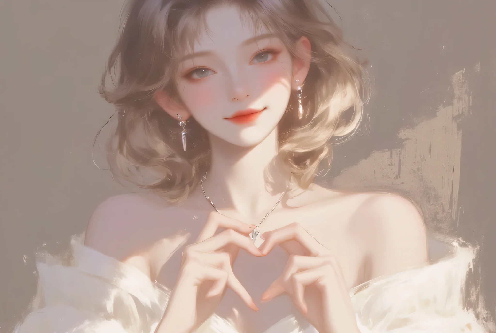 There is only one woman with pale and short hair with a pretty one , and a pleasant smile , fluffy strapless pajamas, she makes a big heart with her hands, and place it on your chest , Look at the collarbone 、 The background is monotonous when viewed from the front of her body