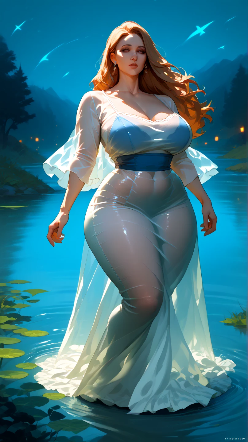 mature woman, red hair, long hair, red lipstick, lying, waterfall, milf, night background