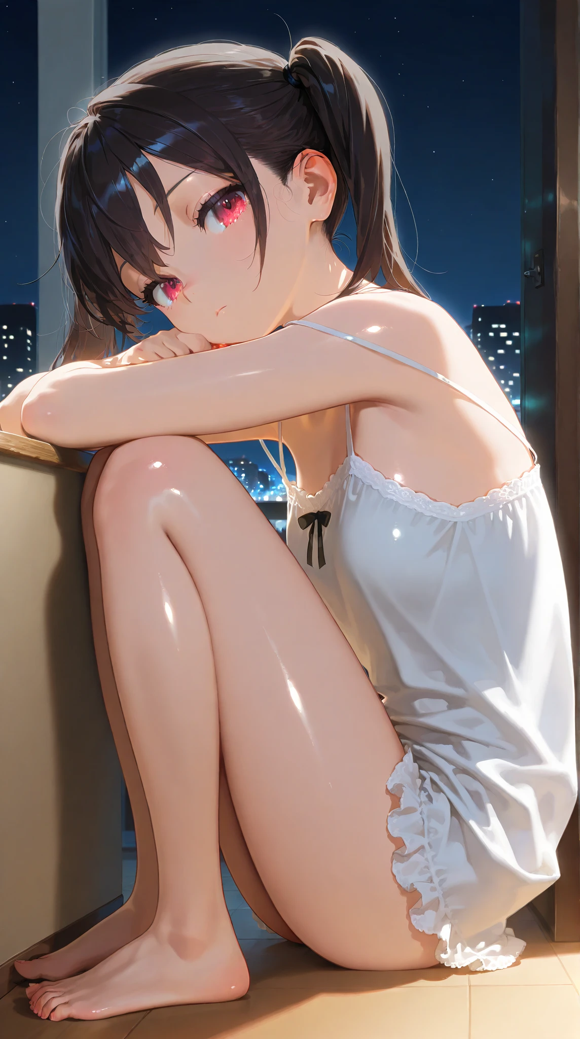 beautiful woman from the side, looking down, lob haircut, bending head forward, hanging hair, shiny black hair, anime style, wearing loose white camisole, bare legs, arrogant, cocky, (best quality,4k,8k,highres,masterpiece:1.2),ultra-detailed, HDR,UHD,studio lighting,ultra-fine painting,sharp focus,physically-based rendering,extreme detail description,professional,vivid colors,bokeh,portraits, seinen anime, serious anime