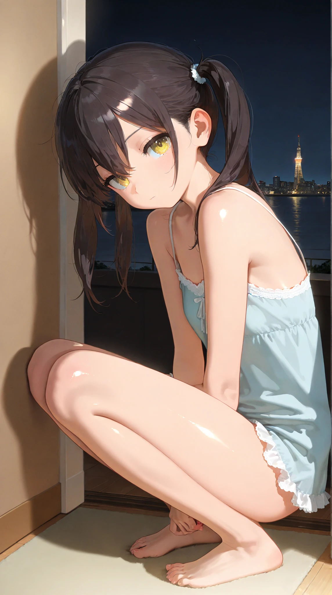 (((Wet)))、From the side、Ultra-realistic capture, Highly detailed, High resolution 16k close-up of human skin. Skin texture must be natural, With such detail that pores can be finely identified. Skin should look healthy, In a uniform tone. Use natural light and color、Dramatic lighting、A calming color palette、Structure of the film、Emotional portrait、1girl、(((full body)))、(((Completely naked、nude)))、(((Pink nipples)))、Short stature、Skinny、Small hips、Pussy、Bobcut、Shiny brown hair、Straight Hair、Crisp bangs、(((((Flat Chest)))))、Double eyelids and black eyes、Narrow waist、Attractive thighs、Beautiful feet、(Sweat all over:1.3)、(erotica:1.3)、(Her body is sweating profusely:1.3)、((from below))、((contrasted、arms behind head))、(blush、evil grin)、classroom、Outside the window, the evening cityscape can be seen in the distance.、Golden Hour、Child body shape