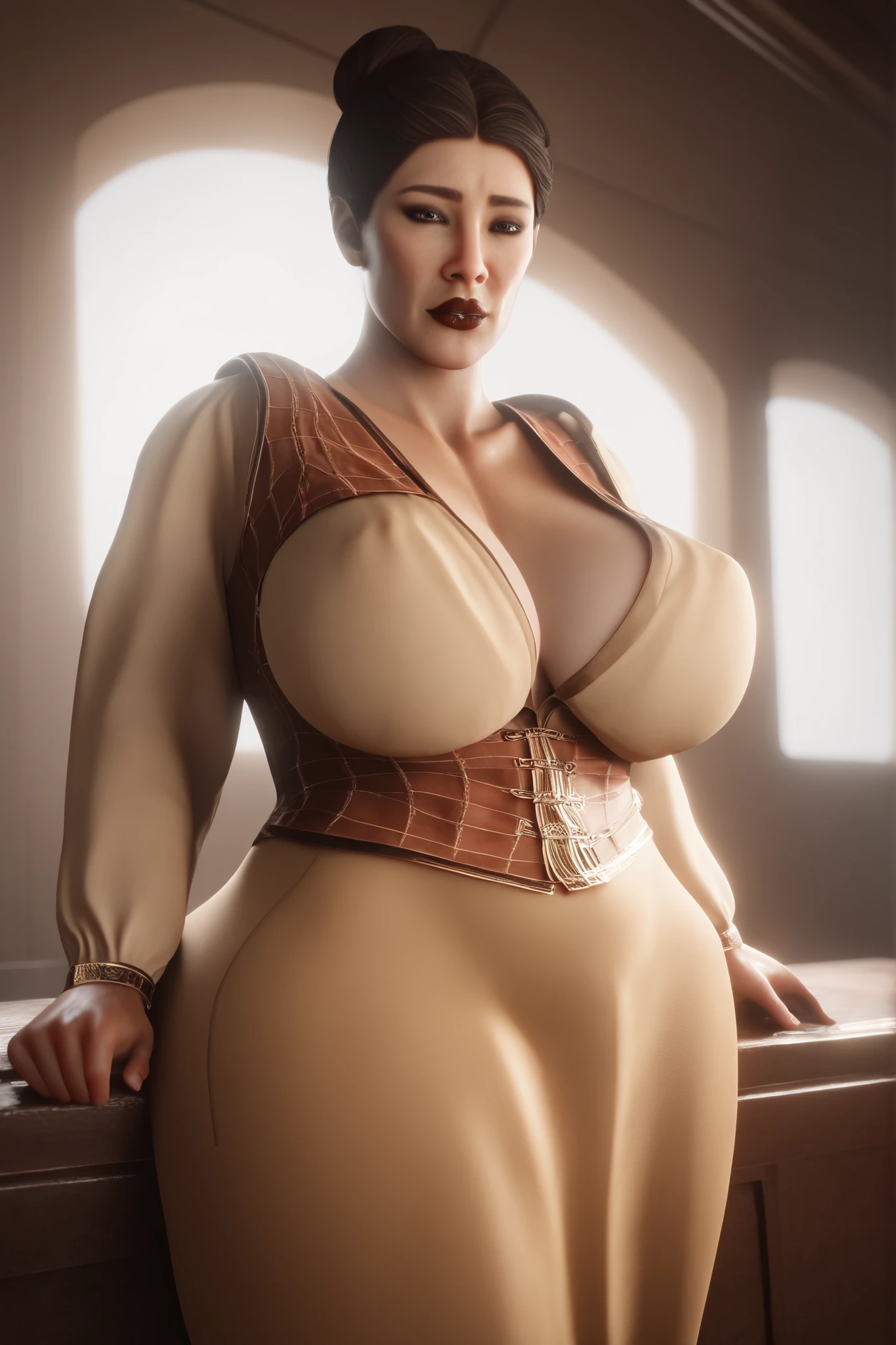 ((masterpiece, best quality, detailed, nyl2 style)), (best quality, masterpiece:1.4), 8k, highres, highly detailed, intricate detail, majestic photo, photorealistic, colorful, 1girl,  (high detailed skin:1.4, ), solo, asian face, almond shaped eyes, wide shoulders, Venus shape body, dark red lipstick, dark color eyes, (very thin eyebrows), raised brow,  black hair, (warm yellowish skin), dark eyeliner, (cheeky face), (chubby face), gentle expression, ((thin lips)), small mouth, parted bangs, side parted bangs, ((PARTED BANGS WITH SINGLE HAIRBUN)), wide hips, (big breasts), (relaxed pose), (long sleeve oversized cotton shirt), ((medieval dark multicolor patterned vest)), (long dark brown wool skirt), soft contrast shading, (high detailed skin) realistic, 3d, soft lighting, slight blur, cinematic haze, (high contrast lighting), large shadows, warm hues, warm lighting, (sunset lighting), (saturated colors), (medieval interior background), interior background, looking at viewer, 3d, nyl2 style