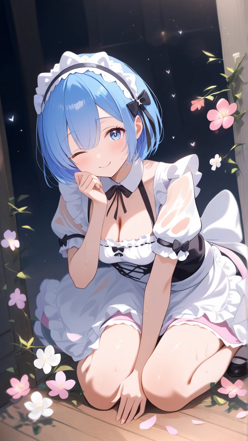 (masterpiece, best quality;1.3), ultra detailed, Looking at viewer, castle, lying on bed,smile, 
rem_re_zero, blue hair, short hair, maid uniform, hair ornament, cleavage, maid headdress, detached sleeves, ribbon