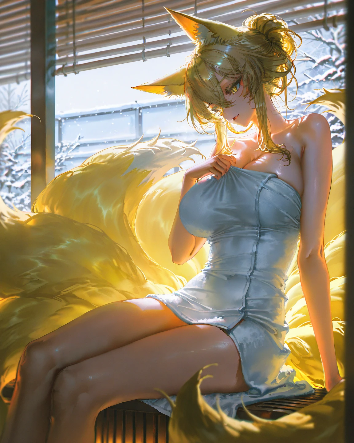 cat girl,long blonde hair,blue eyes,sexy,big chest,dressed in sexy white clothes,with long red boots