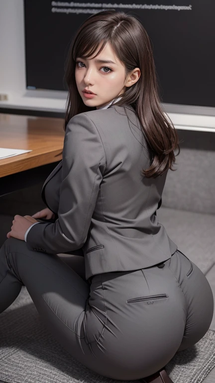 (Backwards:1.2, face your buttocks towards the camera:1.2, Stick out your buttocks and emphasize:1.2), (Navy Business Suit、skirt、From above at an angle), 15-year-old girl, Black Hair, With bangs, Large Breasts、Big Ass、Thighs、Strong natural light,f/1.8, 135mm, Ticker, masterpiece, Collect and organize, ((Anatomically correct:1.3)), Textured skin, Super detailed, High detail, high quality, Awards, 最high quality, High resolution, 8k