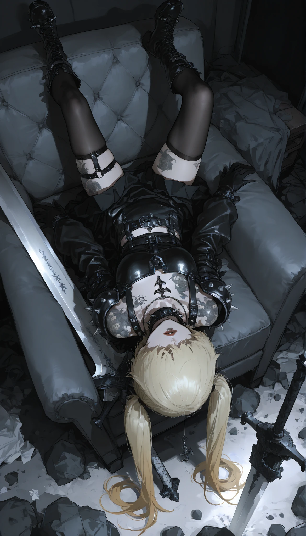 HDR-10, 8K, masterpiece, better quality, amazing quality, very aesthetic,newer,1 girl,messy room,sofa in the background ,chair,sitting upside down,from above,gothic girl,dressed in a black skirt,clothes with spikes, leather,very long hair,blonde, two very long pigtails,minimalist tattoo on the thigh,black shoulder pads,heavy and large sword,guantes de leather sin dedos,offensive gesture,half ties with holes, broken socks,black tights, black heeled boots,red lips,clasp over the eyes,Hair over the eyes,collar,necklace on the thigh,slipping strap,open legs,dynamic pose,Rock,gitarra de Rock sobre el sofa, close,sword stuck in the ground,