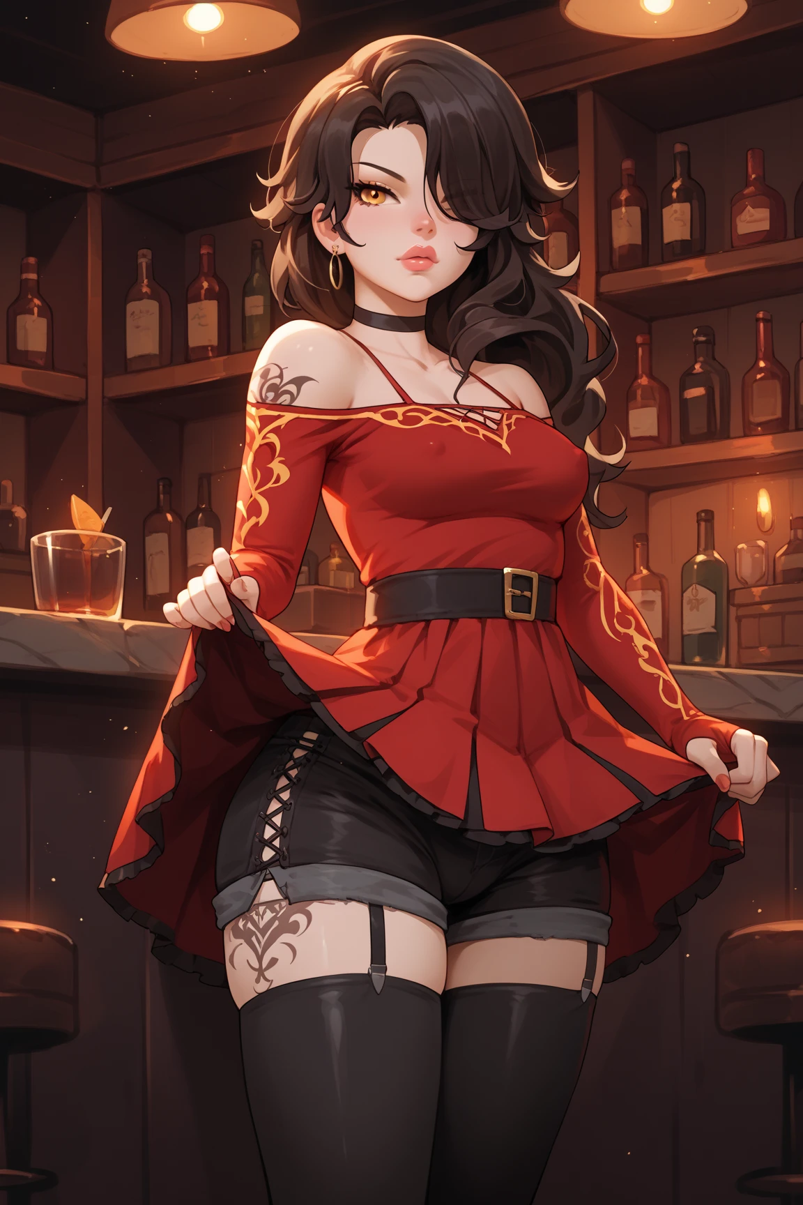 (Best Quality, Masterpiece),sexy, erotic, 1girl, 18 years old, Contempt, pride, long brown hair, looking at viewer, (standing), ((medieval tavern)), sweat, warm light, (grin), raised eyebrows, perfect hands, ((under butt)), (thick thighs), official outfit, red eyepatch, red eyes, cape, ((big ass))